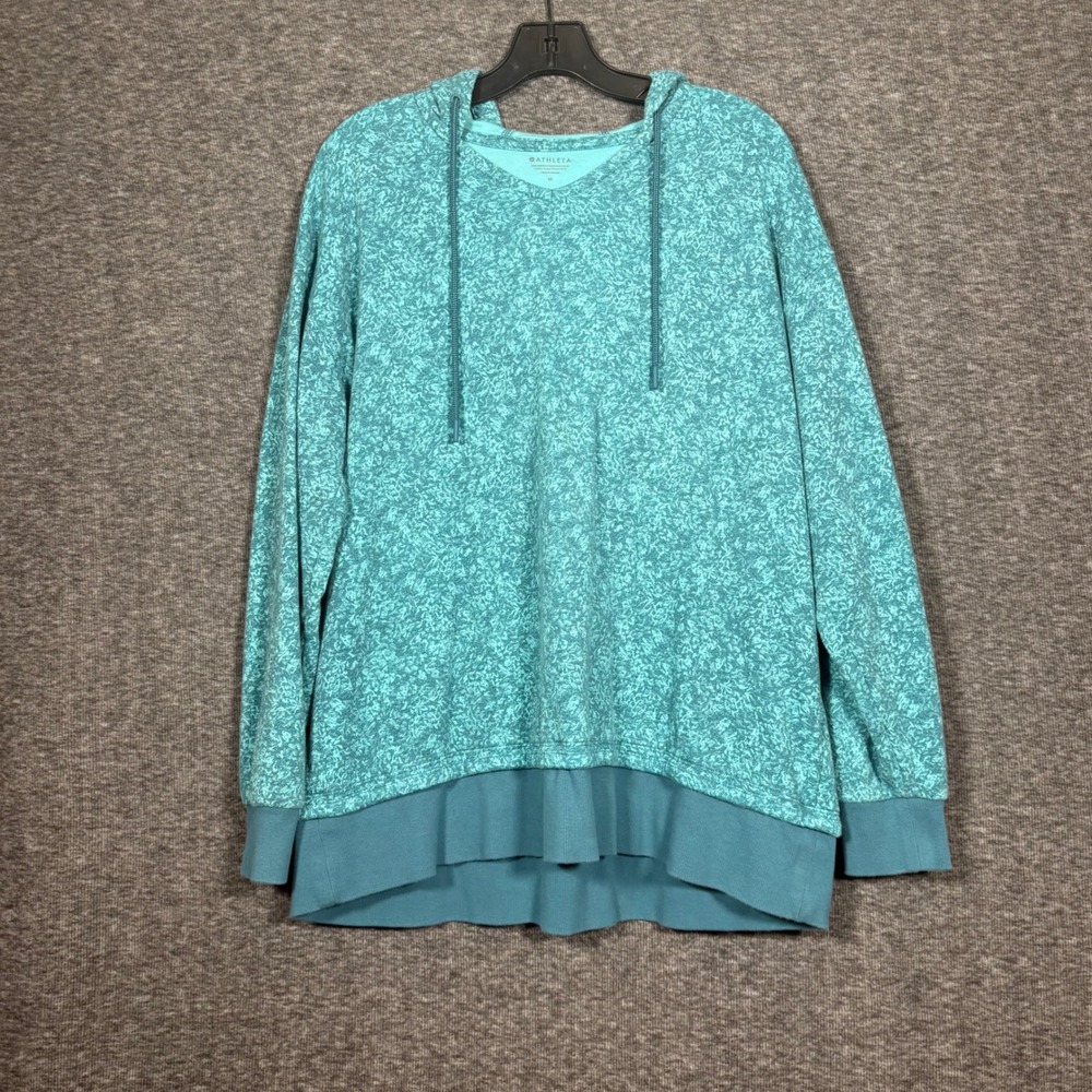 Athleta Womens Medium Teal Aqua Abstract Floral Print Hooded Pullover Top V-Neck